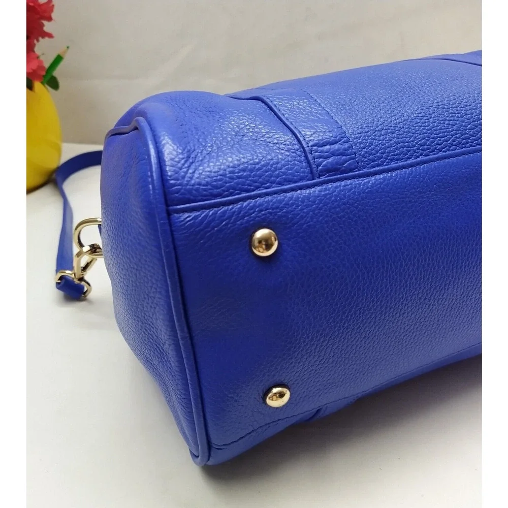 Terzetto Blue Pebbled Leather Double Handle Zipper Closure Satchel Shoulder Bag